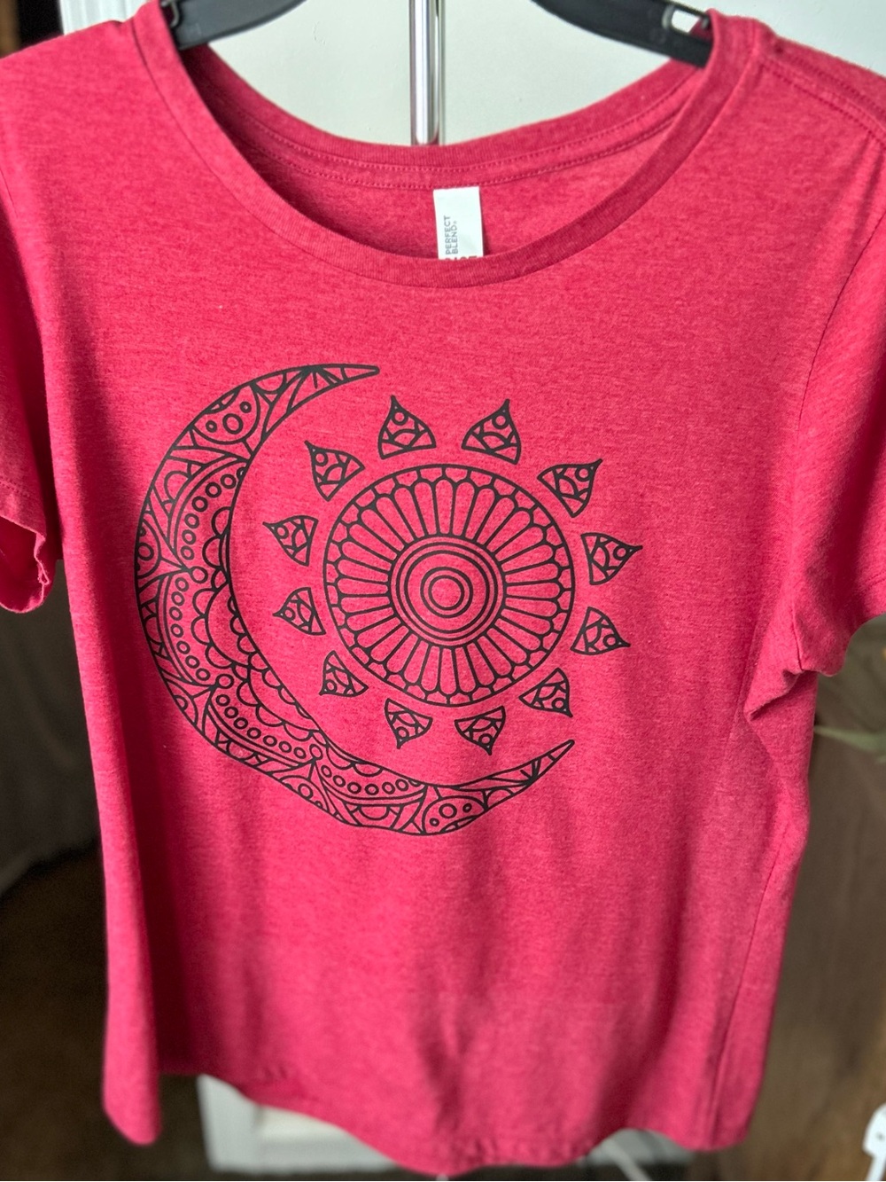 District Women's Coral-Red Short Sleeve Tee with Black Sun & Moon Graphic